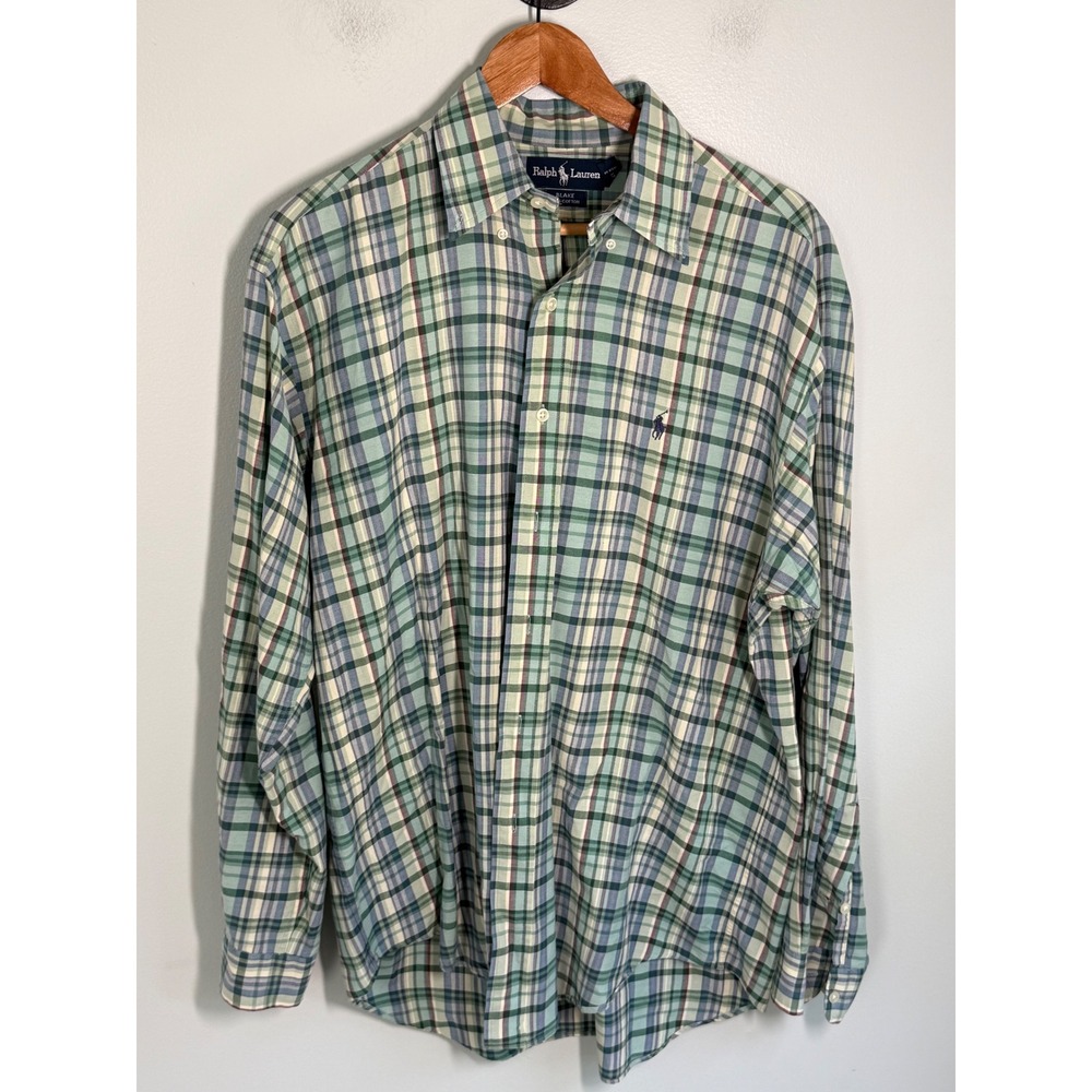 Polo Ralph Lauren Blake Mens Medium Green Blue Plaid Cotton Button Down Shirt
